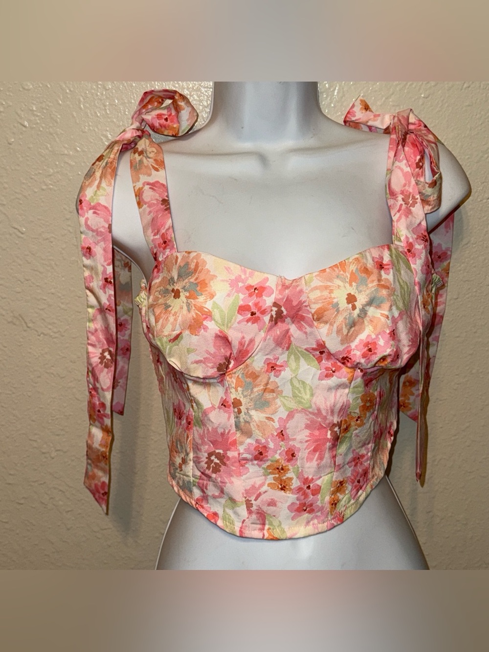 SHEIN Pink Peach Floral Tie-Shoulder Bustier Camisole